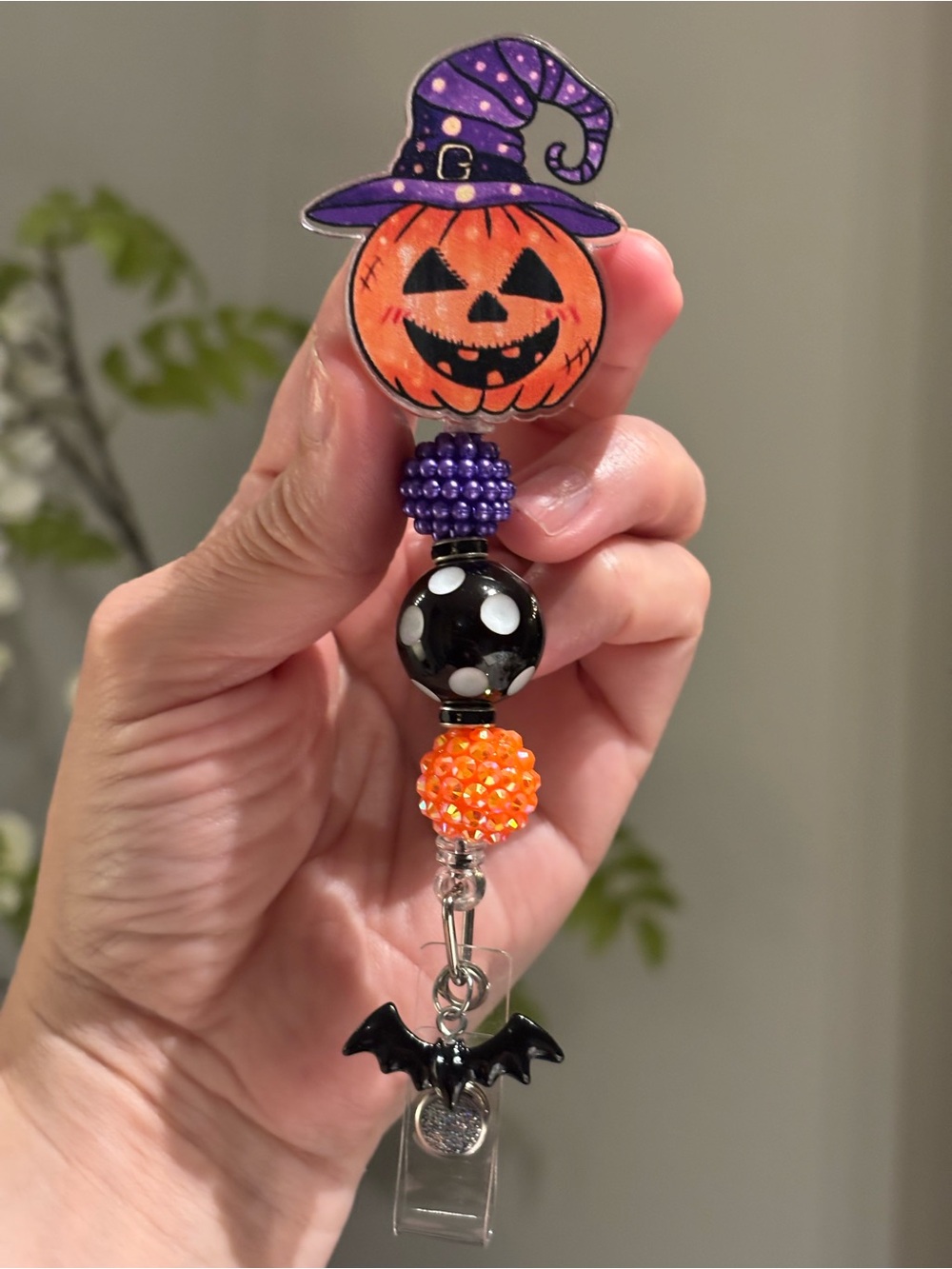 Handmade Halloween Pumpkin Witch Hat Beaded Badge Reel with Bat Charm